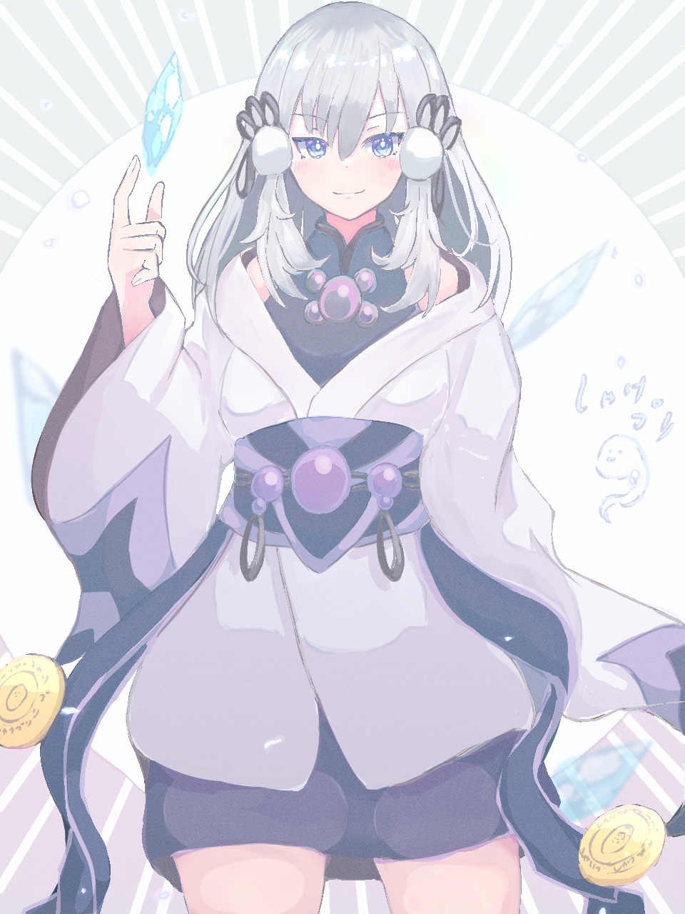 1girl, blue_eyes, blush, breasts, duel_monster, highres, ice_shard, japanese_clothes, kimono, large_breasts, looking_at_viewer, shakepuri_purin, simple_background, smile, thighs, white_background, white_hair, white_kimono, yu-gi-oh!, yuki-onna_the_ice_mayakashi