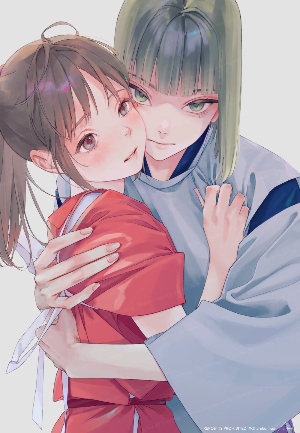 1boy, 1girl, blunt_bangs, brown_eyes, brown_hair, eyelashes, green_eyes, green_hair, haku_(sen_to_chihiro_no_kamikakushi), hareko_sun, highres, hug, ogino_chihiro, parted_lips, ponytail, sen_to_chihiro_no_kamikakushi, sidelocks, upper_body