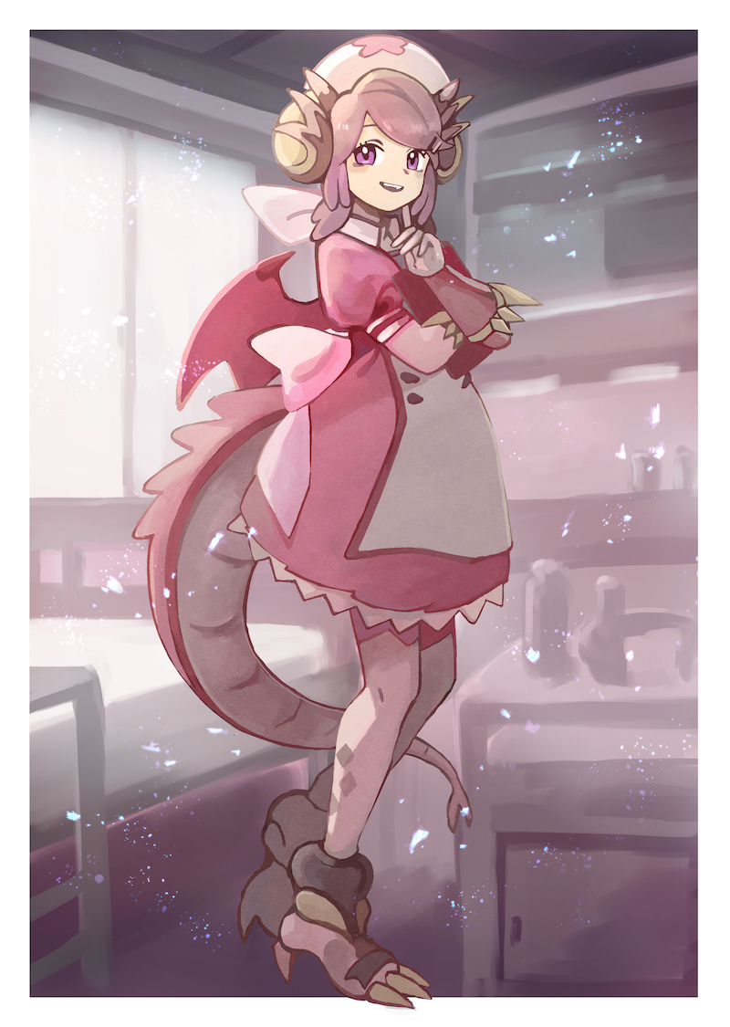 1girl, bed, blush, braid, breasts, dragon_girl, dragon_horns, dragon_tail