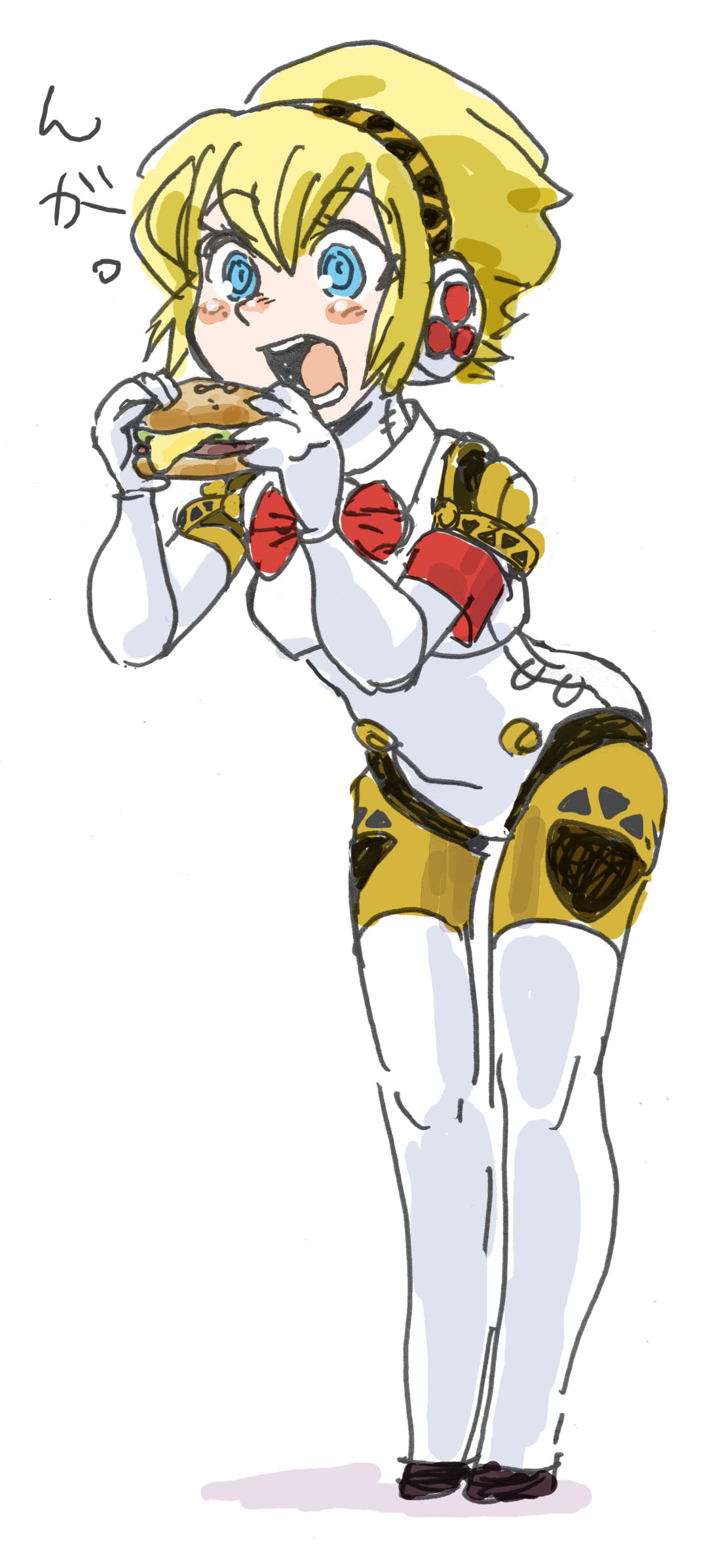 1girl, aigis_(persona), armband, blonde_hair, blue_eyes, blush_stickers, bow, bowtie, burger, food, full_body, fussan_senryobako, hairband, highres, holding, holding_burger, holding_food, joints, open_mouth, persona, persona_3, red_armband, red_bow, red_bowtie, robot_girl, robot_joints, short_hair, simple_background, solo, teeth, white_background