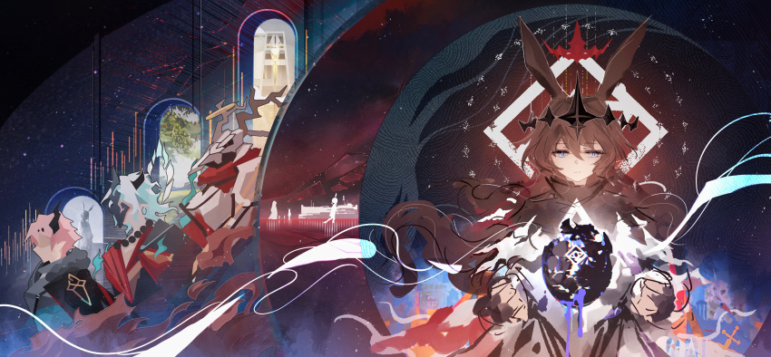 1girl, absurdres, amiya_(arknights), animal_ears, arknights, aura, black_halo, blue_eyes, brown_hair, chinese_commentary, closed_mouth, commentary_request, floating_hair, hair_between_eyes, halo, highres, jdhlfire, light_particles, long_hair, looking_down, magic, patriot_(arknights), red_halo, sketch, solo, theresis_(arknights)