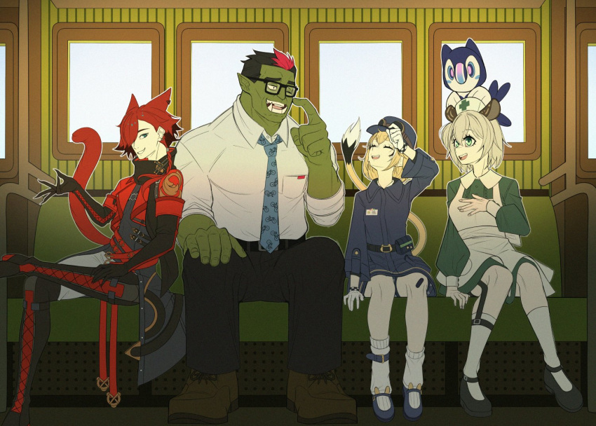 2boys, 2girls, animal_ears, animal_on_head, apron, athies, bandaid, bandaid_on_knee, bandaid_on_leg, belt, bird, bird_on_head, black_gloves, black_hair, blonde_hair, blue_necktie, brown_hair, caspurr_catacini, colored_skin, commentary, dooby_(vtuber), dress, english_commentary, glasses, gloves, green_dress, green_eyes, green_skin, hair_over_one_eye, hat, indie_virtual_youtuber, loose_socks, multiple_boys, multiple_girls, necktie, nimi_nightmare, nurse_cap, on_head, orc, pointy_ears, randon_(vtuber), randon_neuring, red_hair, scratching_cheek, shirt, sitting, socks, tail, train_interior, trait_connection, virtual_youtuber, white_gloves, white_shirt