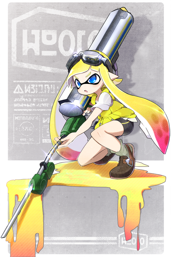 1girl, :o, ameko-107, aviator_goggles, bike_shorts, black_shorts, blonde_hair, blue_eyes
