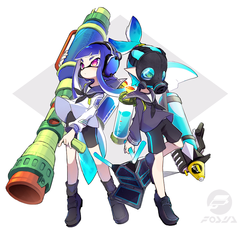 1boy, 1girl, ameko-107, bike_shorts, black_neckerchief, black_shoes, black_shorts, blue_hair