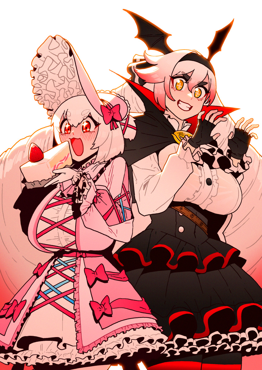 2girls, absurdres, alvis_(last_origin), ascot, bonnet, breasts, cake, cape