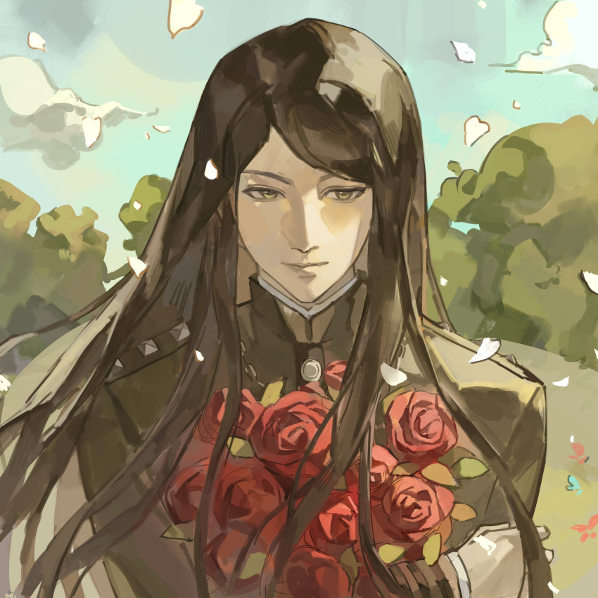 1boy, bishounen, black_hair, blush, bouquet, check_commentary, closed_mouth, commentary_request