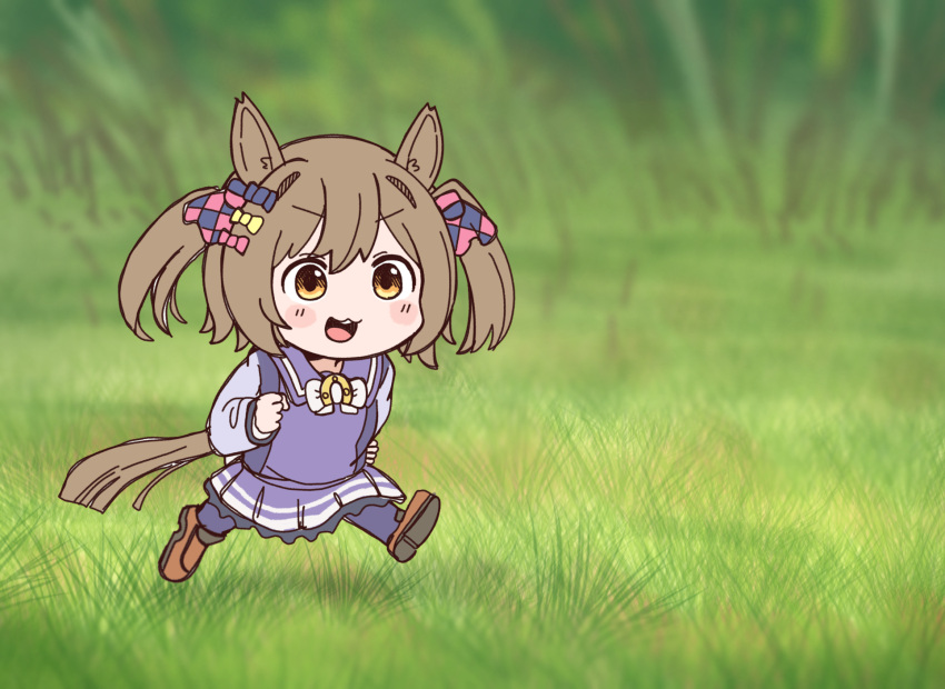 1girl, animal_ears, argyle_bow, bow, bowtie, brown_hair, brown_shoes, chibi, chibi_only, clenched_hand, commentary, ehho_ehho_(meme), grass, hair_between_eyes, hair_bow, highres, horse_ears, horse_girl, horse_tail, loafers, long_sleeves, meme, mini_person, minigirl, multiple_hair_bows, on_grass, open_mouth, orange_eyes, pink_bow, purple_bow, purple_sailor_collar, purple_skirt, rakugakiraid, running, sailor_collar, sailor_shirt, school_uniform, shirt, shoes, skirt, smart_falcon_(umamusume), solo, tail, teeth, tracen_school_uniform, twintails, two-tone_bow, umamusume, upper_teeth_only, white_bow, white_bowtie, winter_uniform, yellow_bow