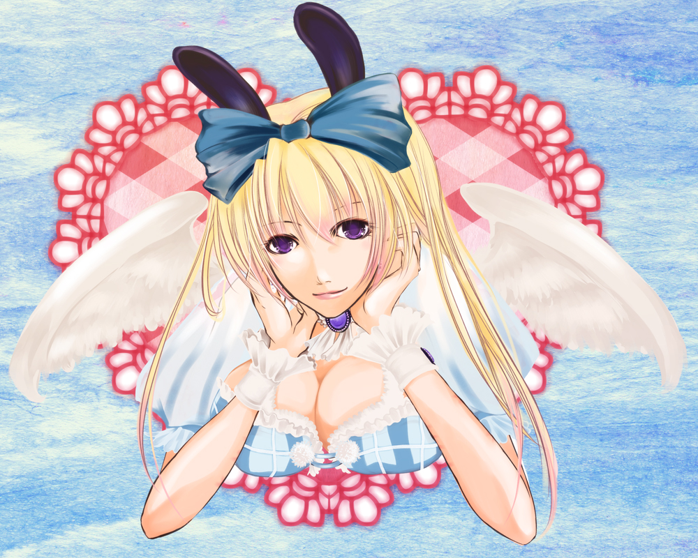 blonde_hair, bow, breasts, brooch, bunny_ears, cleavage, fantasy_earth_zero, hair_bow, heart, jewelry, large_breasts, long_hair, purple_eyes, solo, vbvacancy, violet_eyes, wings, wrist_cuffs