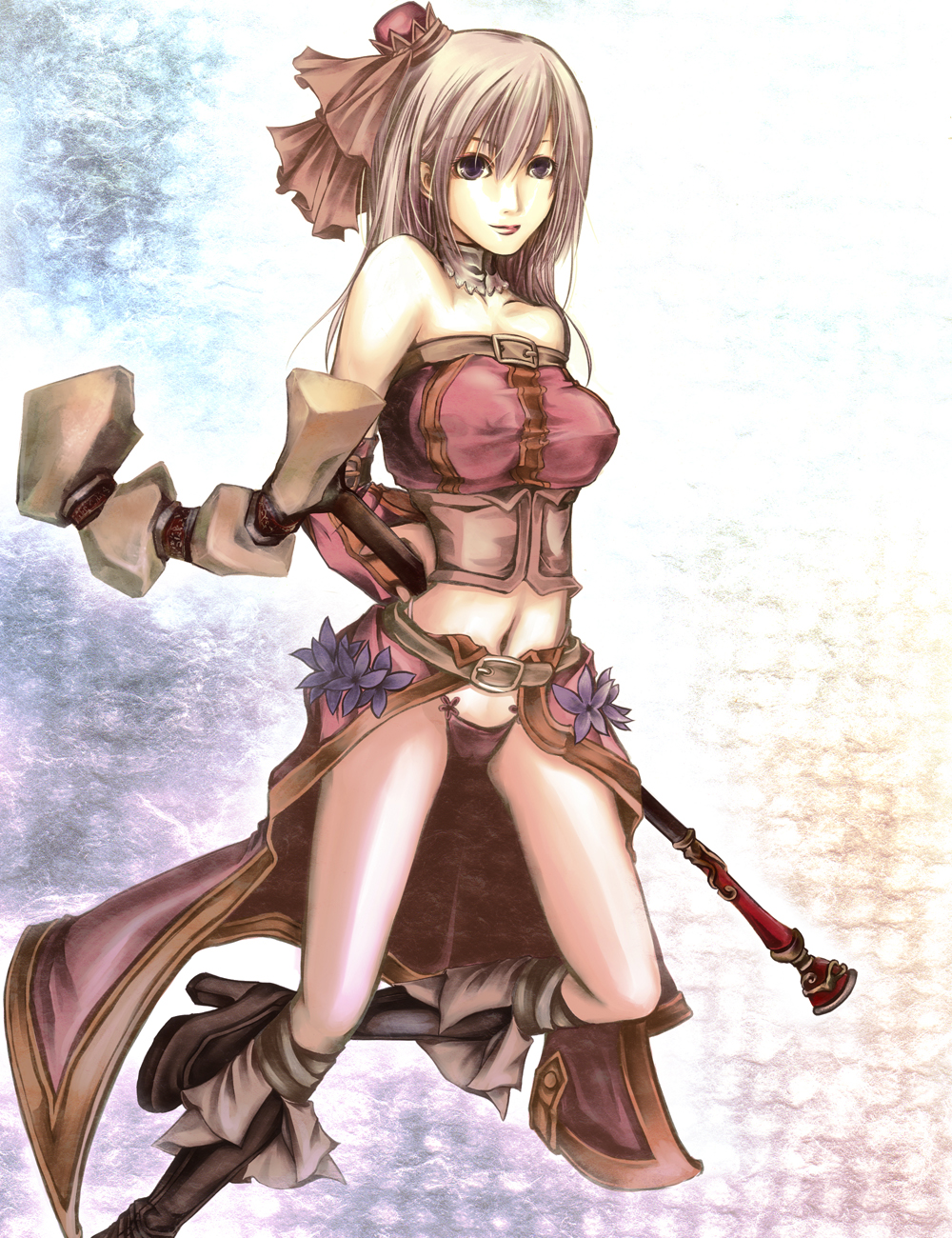 bare_shoulders, boots, breasts, fantasy_earth_zero, hat, highres, midriff, navel, panties, pink_hair, solo, underwear, vbvacancy