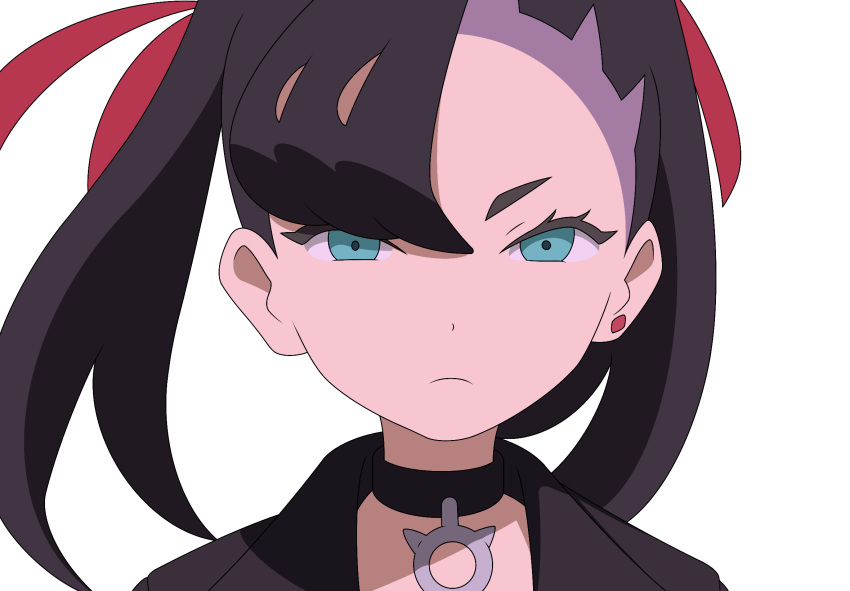 1girl, asymmetrical_bangs, black_collar, black_hair, black_jacket, closed_mouth, collar, commentary, earrings, eyelashes, green_eyes, hair_ribbon, highres, jacket, jewelry, marnie_(pokemon), pokemon, pokemon_swsh, portrait, quelcom, red_ribbon, ribbon, single_earring, solo, transparent_background, twintails
