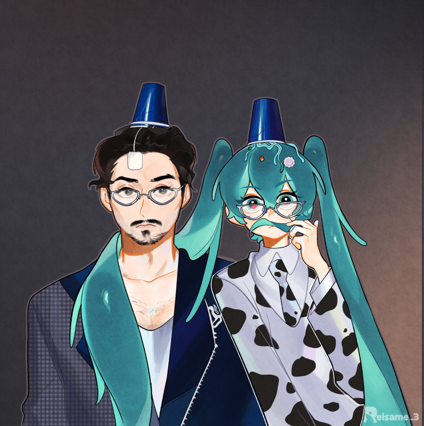 1boy, 1girl, animal_print, aqua_eyes, aqua_hair, bbno$, chest_hair, cow_print, crossover, eyelashes, facial_hair, glasses, hatsune_miku, highres, mustache, necktie, pale_skin, real_life, reisame, twintails, vocaloid
