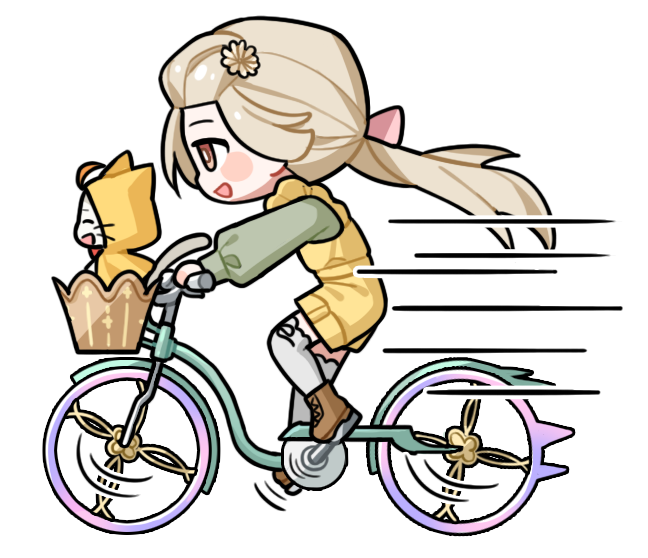 1girl, ^^^, ^_^, afternoon_shine_(infinity_nikki), ahoge, animal, artist_request, bicycle, blonde_hair, blush_stickers, boots, bow, bowtie, bright_pupils, brown_boots, brown_eyes, cat, chibi, cloak, closed_eyes, clothed_animal, daisy, ear_covers, floating_hair, flower, frills, from_side, green_shirt, grey_thighhighs, hair_bow, hair_flower, hair_ornament, happy, hood, hood_up, hooded_cloak, infinity_nikki, lace-up_boots, long_hair, long_sleeves, low_twintails, momo_(nikki), nikki_(nikki), nikki_(series), official_art, open_mouth, overalls, pink_bow, puffy_long_sleeves, puffy_sleeves, red_bow, red_bowtie, riding, riding_bicycle, shirt, smile, speed_lines, tareme, thigh-highs, transparent_background, twintails, very_long_hair, white_cat, white_flower, white_pupils, yellow_cloak, yellow_overalls