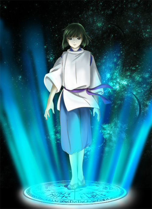 bangs, blunt_bangs, ghibli, glowing, green_hair, haku, haku_(spirited_away), japanese_clothes