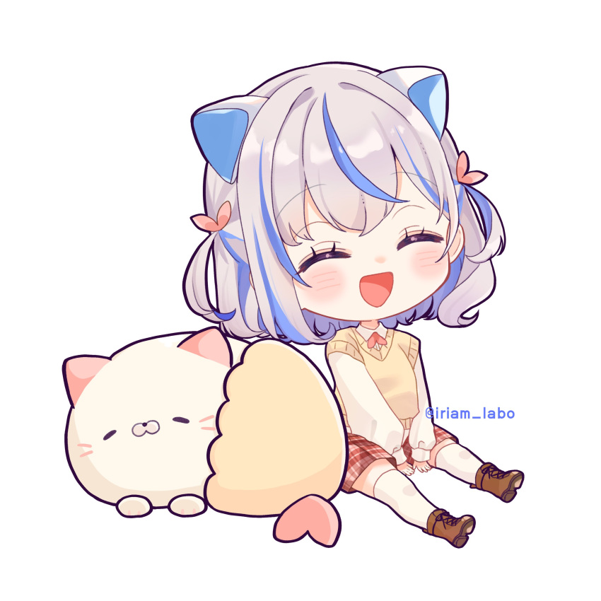 1girl, :d, ^_^, absurdres, animal_ears, blue_hair, blush, brown_shoes, chibi, closed_eyes, collared_shirt, commentary_request, full_body, grey_hair, highres, iriam, long_sleeves, miria_(iriam), multicolored_hair, nekocoro_(iriam), open_mouth, plaid_clothes, plaid_skirt, puffy_long_sleeves, puffy_sleeves, red_skirt, rino_cnc, second-party_source, shirt, shoelaces, shoes, simple_background, sitting, skirt, smile, streaked_hair, sweater, thigh-highs, tongue, white_background, white_shirt, white_thighhighs, yellow_sweater