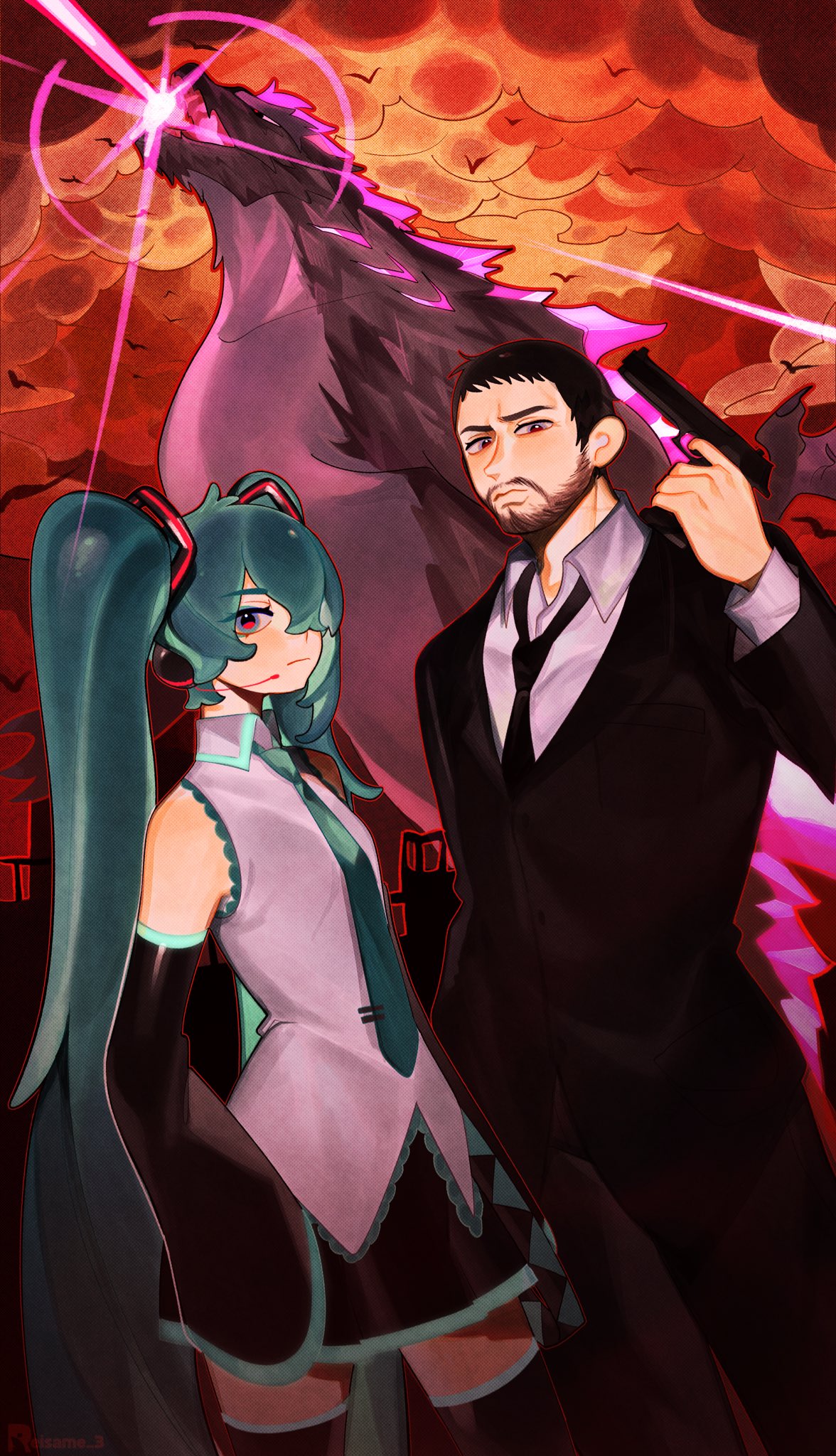 1boy, 1girl, aqua_hair, beard, black_hair, eminem, facial_hair, godzilla