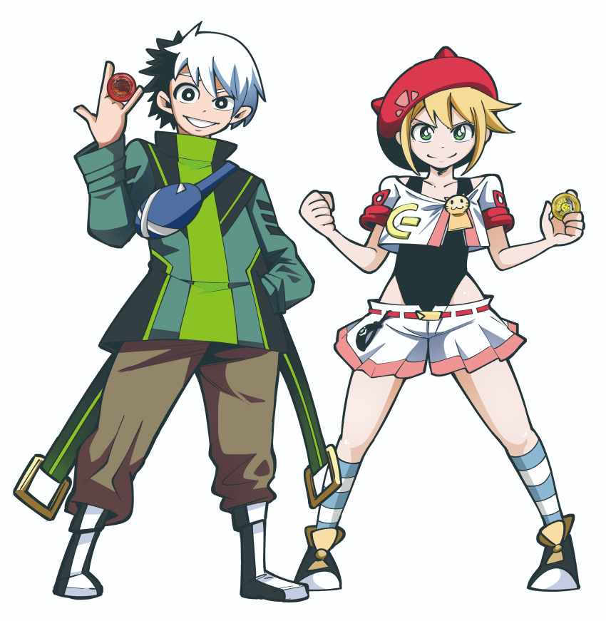 1boy, 1girl, :d, absurdres, asymmetrical_hair, black_eyes, black_leotard, blonde_hair