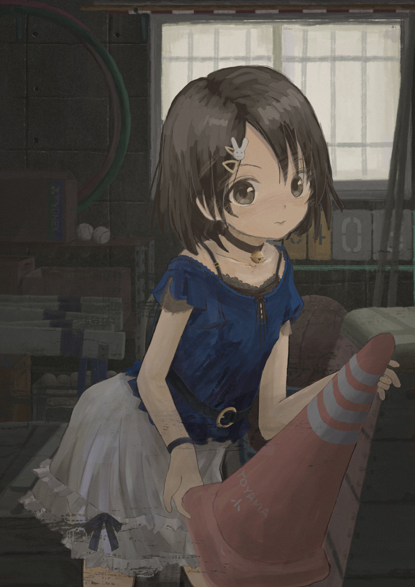 1girl, absurdres, ball, baseball_(object), bell, black_choker, black_hair, blue_shirt