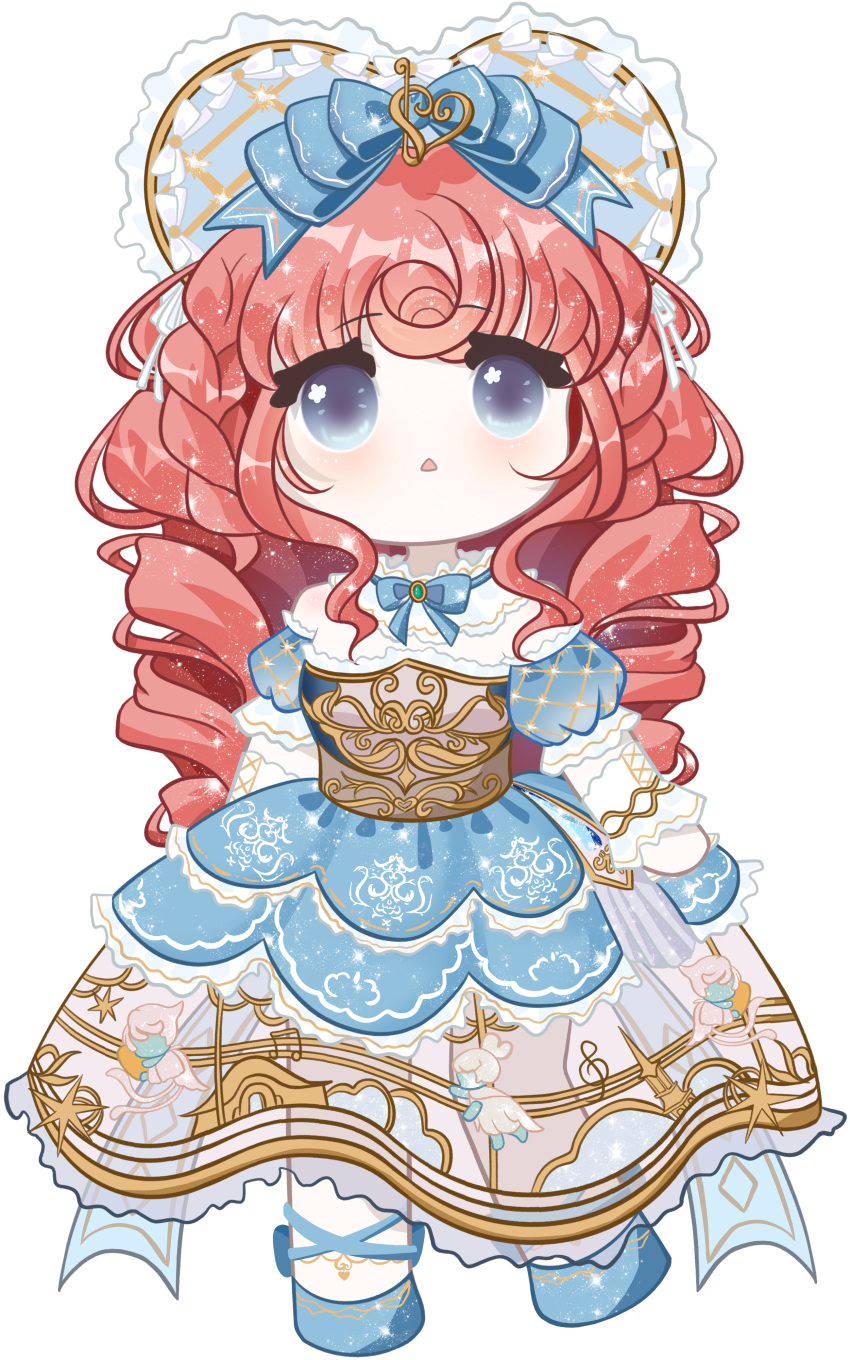 1girl, absurdres, argyle_bonnet, argyle_clothes, argyle_sleeves, armor, bare_shoulders, blue_bonnet, blue_bow, blue_dress, blue_eyes, blue_shoes, blue_wrist_cuffs, bonnet, bow, breastplate, character_print, chinese_commentary, collar, commentary_request, cross-laced_clothes, cross-laced_sleeves, deformed, detached_sleeves, dress, drill_hair, eyelashes, faewish_sprite, footwear_bow, frilled_collar, frilled_headwear, frilled_sleeves, frilled_wrist_cuffs, frills, green_brooch, hair_bow, hair_ornament, highres, infinity_nikki, light_blush, lolita_fashion, long_dress, long_hair, looking_at_viewer, musical_note, musical_note_hair_ornament, musical_note_print, nikki_(series), off-shoulder_dress, off_shoulder, pantyhose, puffy_short_sleeves, puffy_sleeves, red_hair, shoes, short_sleeves, simple_background, solo, standing, treble_clef, triangle_mouth, very_long_hair, white_background, white_collar, white_pantyhose, white_sleeves, wrist_cuffs, zhizhizhizhizhizong