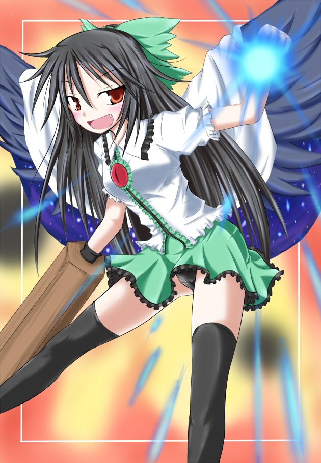 arm_cannon, black_hair, kenntairui_(discover_souya), kirino_souya, long_hair, panties, pantyshot, red_eyes