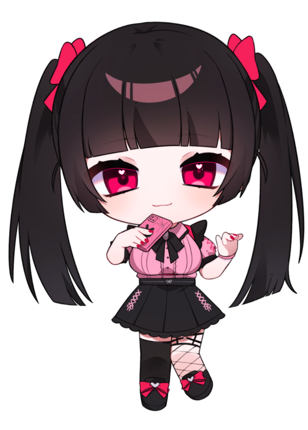 :3, black_hair, black_shoes, black_skirt, black_thighhighs, blunt_bangs, bond_en, bondlive