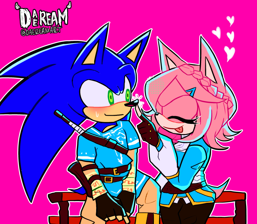 1boy, 1girl, absurdres, alternate_hairstyle, amy_rose, artist_name, belt, black_pants