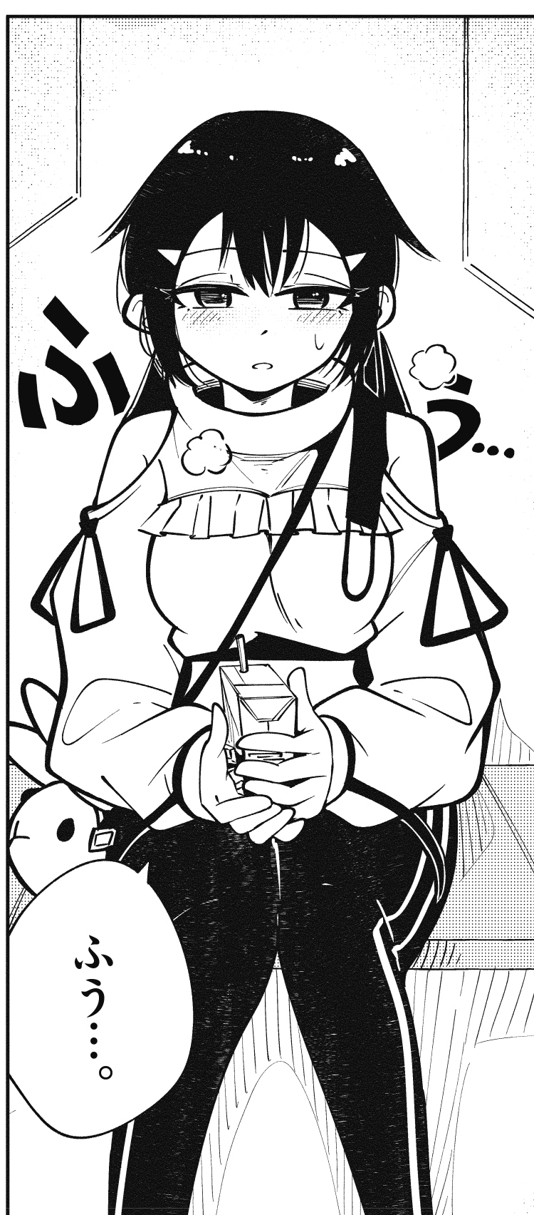 1girl, :o, black_hair, black_leggings, blush, breasts, corocoro_comic, greyscale