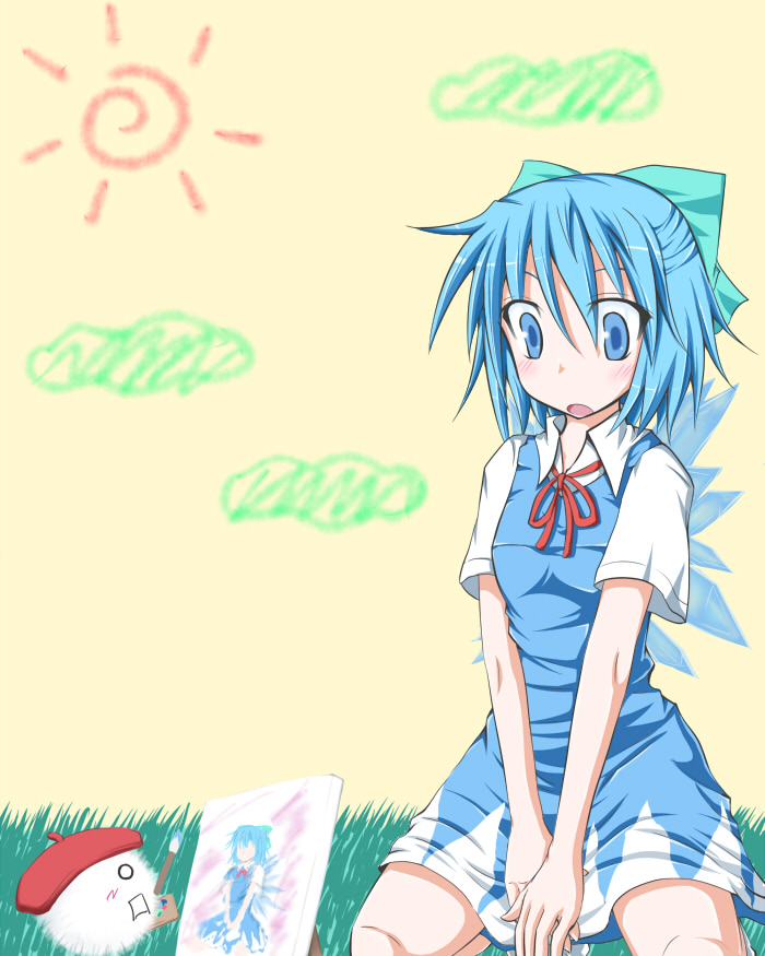 blue_eyes, blue_hair, cirno, drawing, kedama, kenntairui_(discover_souya), kirino_souya, ribbon, short_hair, solo, touhou, wings