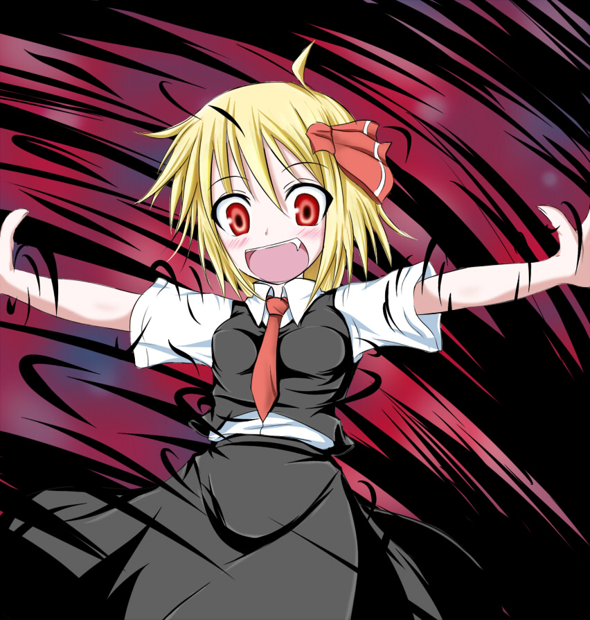 bad_id, blonde_hair, dark, fang, kenntairui_(discover_souya), kirino_souya, outstretched_arms, red_eyes