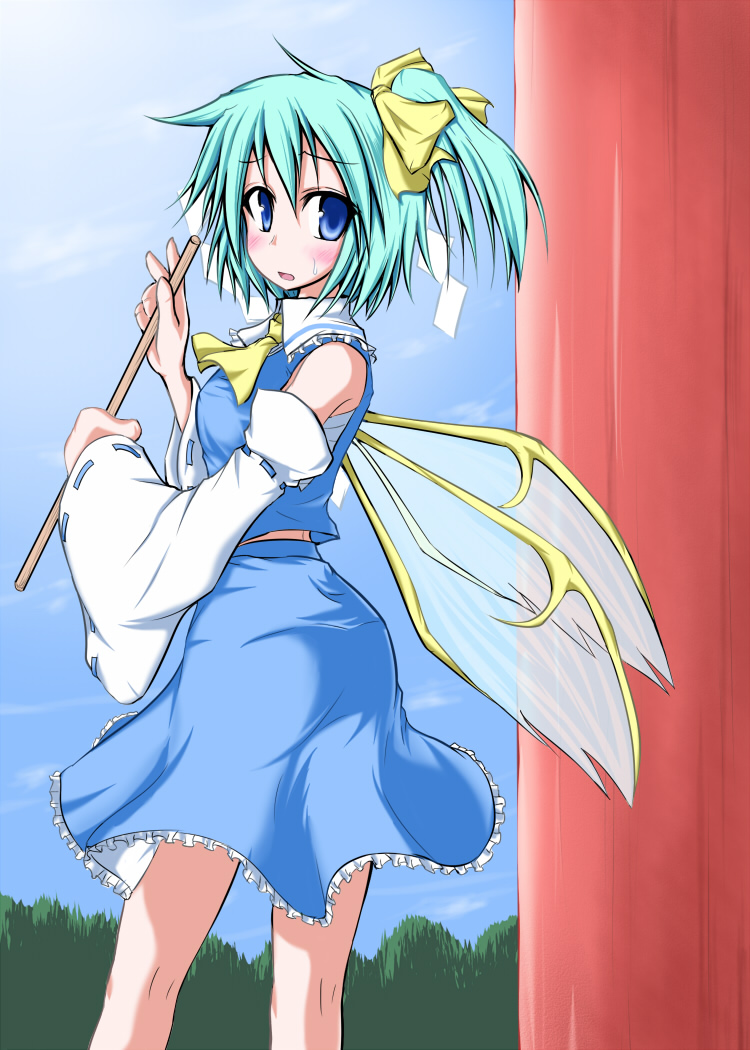 blue_eyes, daiyousei, green_eyes, hakurei_reimu_(cosplay), kenntairui_(discover_souya), kirino_souya, side_ponytail, solo