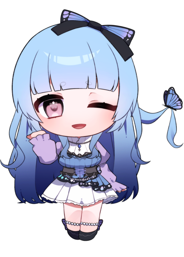 1girl, ;d, black_corset, black_shoes, blue_hair, blunt_bangs, bond_en, bondlive, bug, butterfly, chibi, corset, dress, fujita_hirari, full_body, gradient_hair, juliet_sleeves, long_hair, long_sleeves, multicolored_hair, one_eye_closed, pink_eyes, puffy_sleeves, purple_sleeves, shoes, short_eyebrows, sleeves_past_wrists, smile, solo, standing, thick_eyebrows, tongue, transparent_background, virtual_youtuber, wata_post