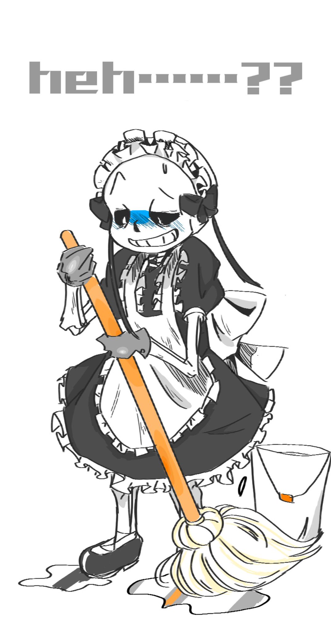 1boy, 2d, alternate_costume, artist_request, black_shoes, bucket, crossdressing, crossdressing_(mtf)
