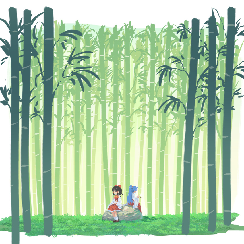 2girls, ascot, bamboo, bamboo_forest, blue_hair, bow, brown_hair, commentary_request