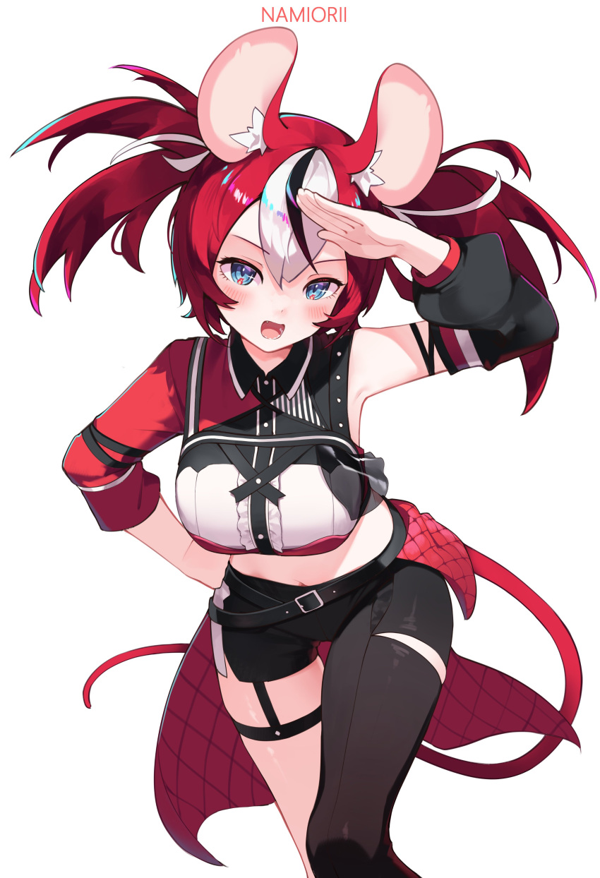 1girl, :d, absurdres, animal_ear_fluff, animal_ears, asymmetrical_clothes, belt, black_belt