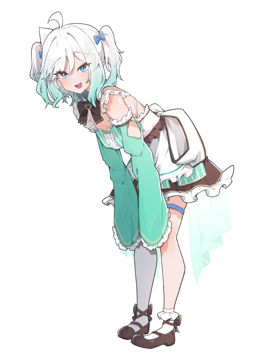 1girl, absurdres, ahoge, airenif, aqua_hair, asymmetrical_legwear, black_bow, black_bowtie
