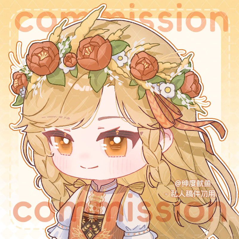 1girl, artist_name, blonde_hair, border, bow, braid, chibi, closed_mouth, collared_shirt, commission, dotted_line, dress, eyelashes, flower, frilled_sleeves, frills, gradient_border, hair_ribbon, head_wreath, heart, heart_print, hometown_breeze_(infinity_nikki), infinity_nikki, light_blush, long_hair, looking_ahead, nikki_(series), orange_dress, orange_ribbon, outline, outside_border, pinafore_dress, puffy_short_sleeves, puffy_sleeves, red_flower, ribbon, sample_watermark, shendu_youyu, shirt, short_sleeves, sleeveless, sleeveless_dress, smile, solo, striped_clothes, striped_dress, twin_braids, upper_body, vertical-striped_clothes, vertical-striped_dress, very_long_hair, watermark, watermark_grid, wheat, white_background, white_flower, white_outline, white_shirt, yellow_border, yellow_bow, yellow_eyes