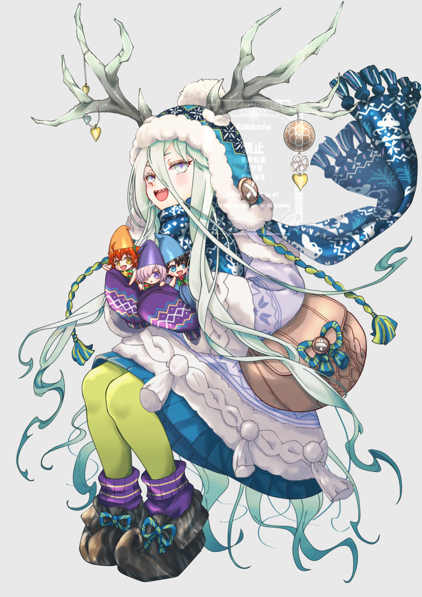 1boy, 3girls, antlers, bag, beanie, black_hair, blue_eyes, blue_hat, blue_scarf, blush, boots, breasts, chi_wa, fate/grand_order, fate_(series), fujimaru_ritsuka_(female), fujimaru_ritsuka_(female)_(tonttu), fujimaru_ritsuka_(male), fujimaru_ritsuka_(male)_(tonttu), hair_between_eyes, hat, highres, horns, long_hair, long_sleeves, looking_at_viewer, louhi_(fate), louhi_(second_ascension)_(fate), mash_kyrielight, mash_kyrielight_(tonttu), mittens, multiple_girls, open_mouth, orange_eyes, orange_hair, pantyhose, pink_hair, purple_mittens, scarf, sharp_teeth, short_hair, shoulder_bag, small_breasts, smile, sweater, teeth, violet_eyes, white_eyes, white_hair, white_sweater, yellow_pantyhose