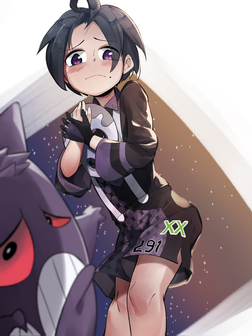 1boy, ahoge, allister_(pokemon), black_hair, blurry, blurry_foreground, blush, closed_mouth