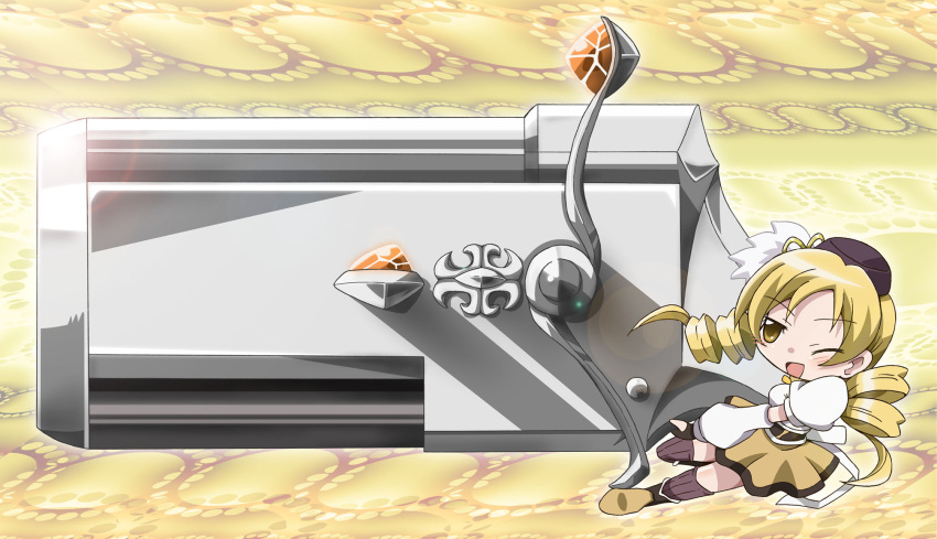:o, beret, blonde_hair, blush, boots, brown_legwear, chibi, detached_sleeves