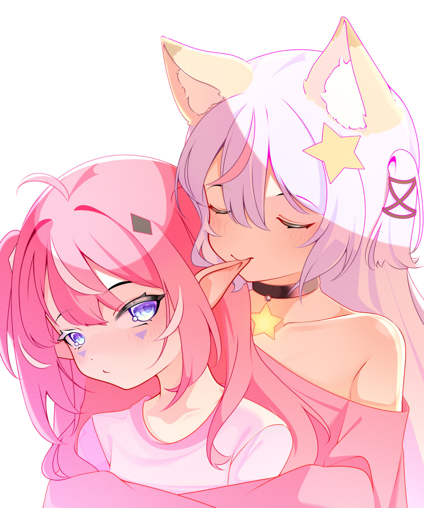 2girls, absurdres, ahoge, animal_ear_fluff, animal_ears, annytf, biting, biting_ear, blush, camila_(vtuber), closed_eyes, ear_blush, fox_ears, hair_ornament, highres, indie_virtual_youtuber, long_hair, mats_kuro, multiple_girls, pink_hair, pointy_ears, star_(symbol), star_hair_ornament, virtual_youtuber, yuri