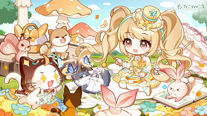 +_+, 1girl, absurdres, ahoge, animal, artist_request, baguette, ball, bare_shoulders, blonde_hair, blue_butterfly, blue_flower, blue_sky, blush_stickers, blushbunny, bow, bowtie, bowtie_cat, bread, brooch, brown_bow, brown_bowtie, brown_cloak, brown_eyes, brown_sandals, bug, butterfly, cat, checkered_bow, checkered_clothes, chibi, cloak, clothed_animal, clouds, commentary_request, copyright_name, cushion_squirrel, dance_till_dawn_(infinity_nikki), day, detached_sleeves, dog, dot_nose, dress, ear_covers, excited, eyelashes, field, floof_(infinity_nikki), flower, flower_field, food, frilled_headwear, frilled_wrist_cuffs, frills, happy, hat, hat_bow, hat_ornament, highres, holding, holding_toy, hood, hood_up, hooded_cloak, infinity_nikki, jewelry, kneeling, light_blush, logo, long_hair, long_sleeves, looking_at_animal, mini_hat, mini_top_hat, momo_(nikki), motion_lines, mushroom, musical_note, nikki_(nikki), nikki_(series), official_alternate_color, official_art, open_mouth, orange_dress, orange_wrist_cuffs, outdoors, panties, picnic, picnic_basket, picnic_blanket, pink_flower, rabbit, sandals, second-party_source, shirtcat, short_dress, sky, smile, sparkle, squirrel, star_(symbol), star_brooch, star_hat_ornament, strapless, strapless_dress, stuffed_animal, stuffed_toy, teddy_bear, top_hat, toy, tree_stump, twintails, two-tone_bow, two-tone_wrist_cuffs, underwear, very_long_hair, waist_bow, wavy_hair, whiskers, white_bow, white_cat, white_panties, white_sleeves, white_wrist_cuffs, wrist_cuffs, yellow_bow, yellow_hat