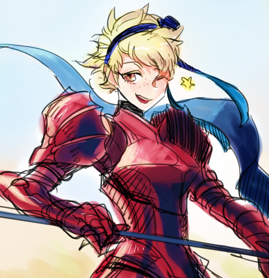 1girl, armor, blonde_hair, fire_emblem, fire_emblem_fates, freckles, looking_at_viewer, name_kja