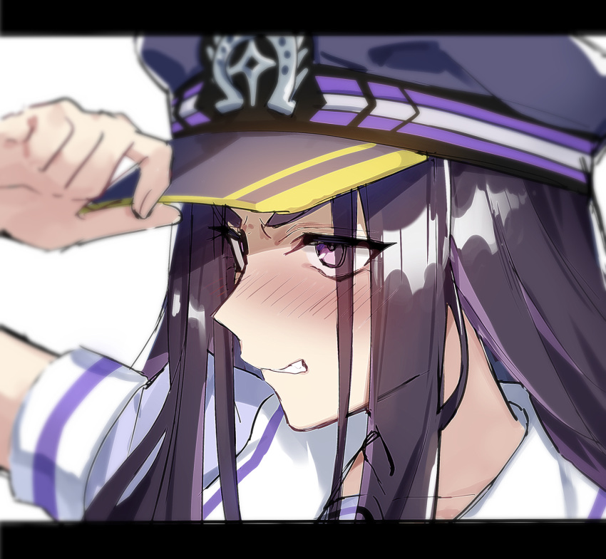 1girl, blurry, blurry_background, blush, fenomeno_(umamusume), hand_on_headwear, hat, highres