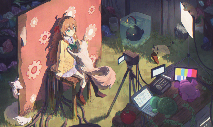 1girl, absurdres, adjusting_another's_clothes, ahoge, animalization, annytf, artist_name, black_socks