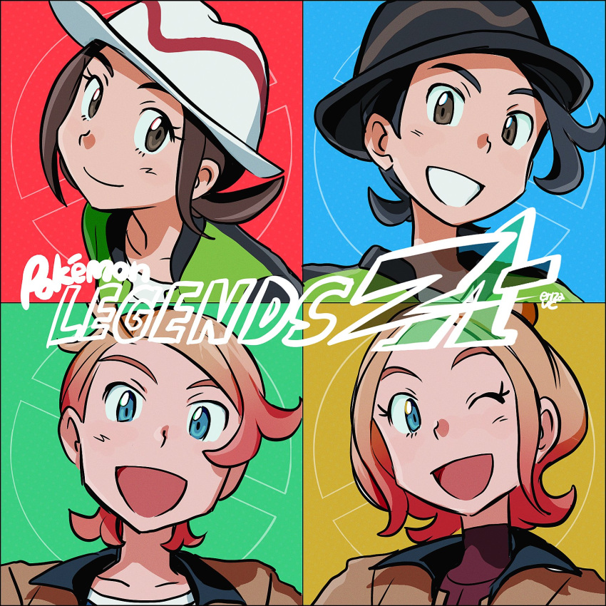 2boys, 2girls, :d, ;d, black_hair, blonde_hair, blue_eyes, brown_eyes