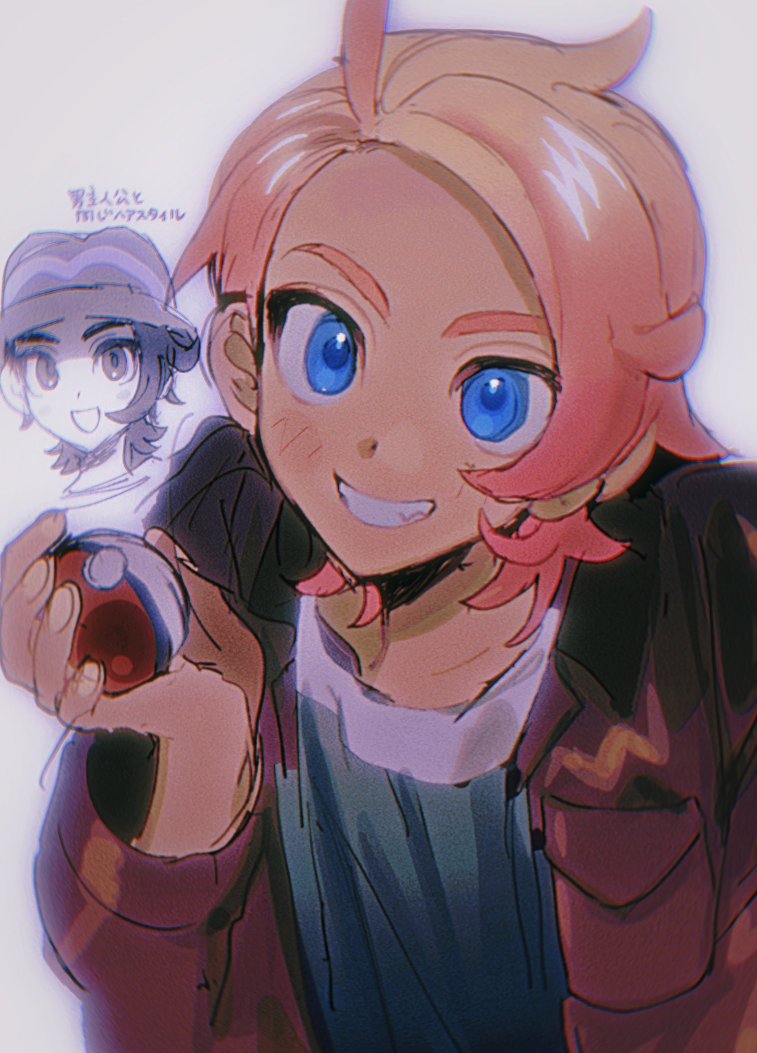 2boys, ahoge, blonde_hair, blue_eyes, blush, brown_jacket, grin, hand_up