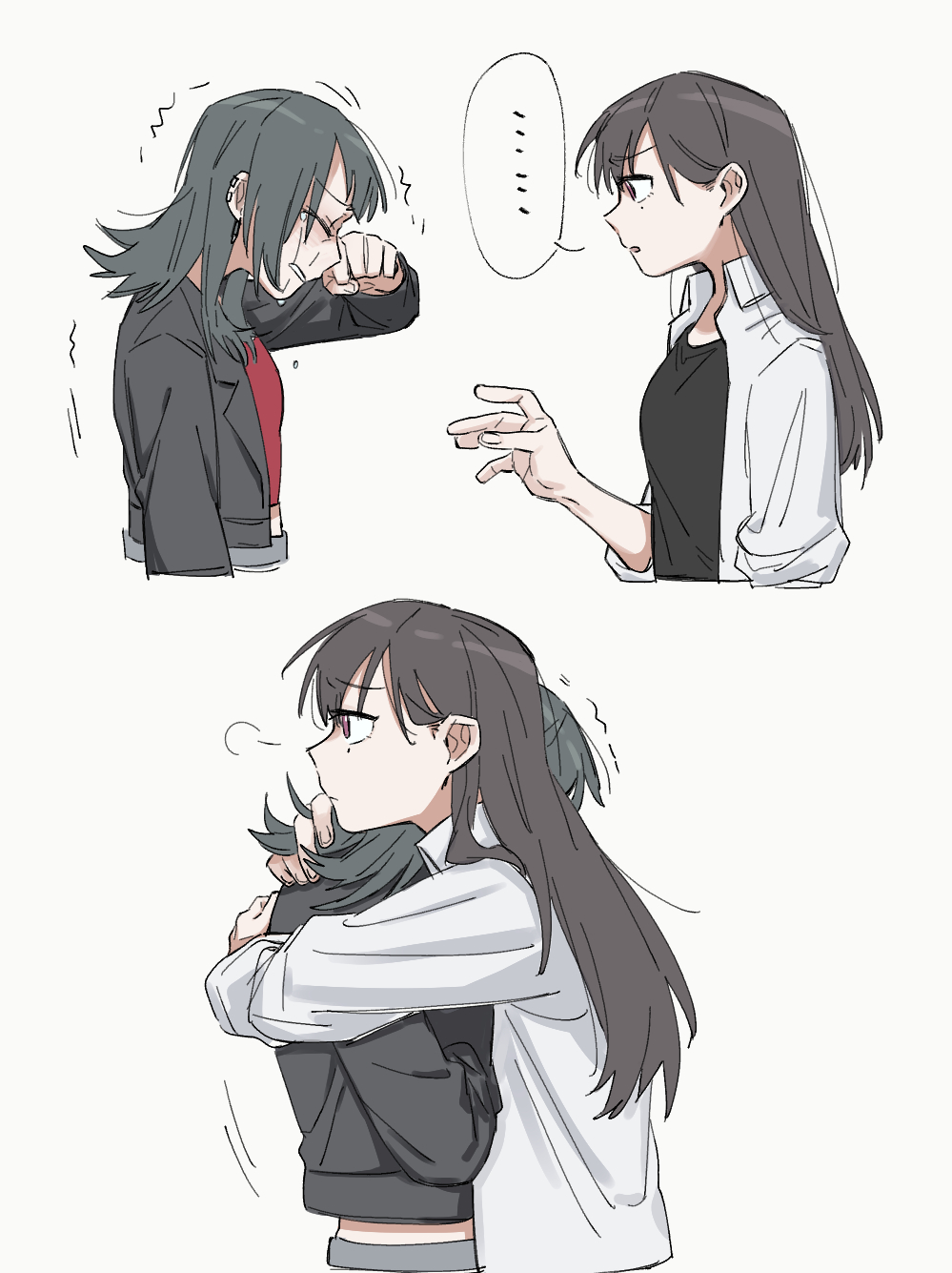 ..., 2girls, bang_dream!, bang_dream!_it's_mygo!!!!!, black_hair, black_jacket, black_shirt, commentary_request