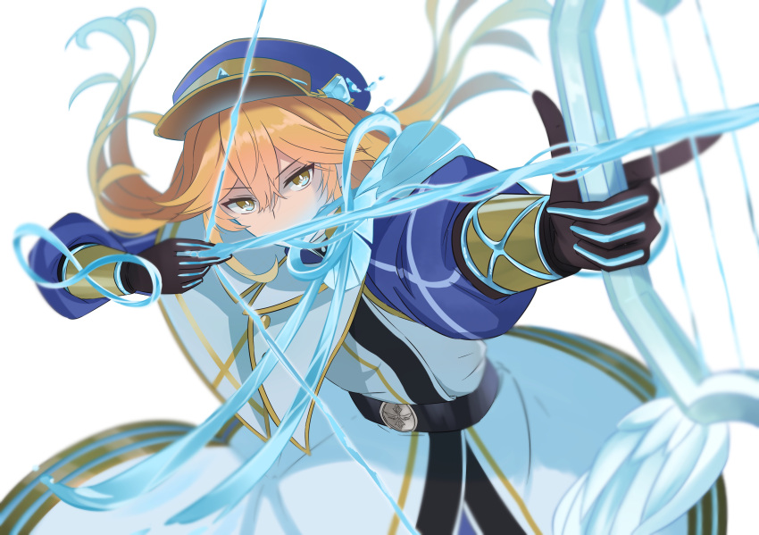 1girl, black_gloves, blonde_hair, bow_(weapon), dress, duel_monster, exosister_asophiel, exosister_sophia