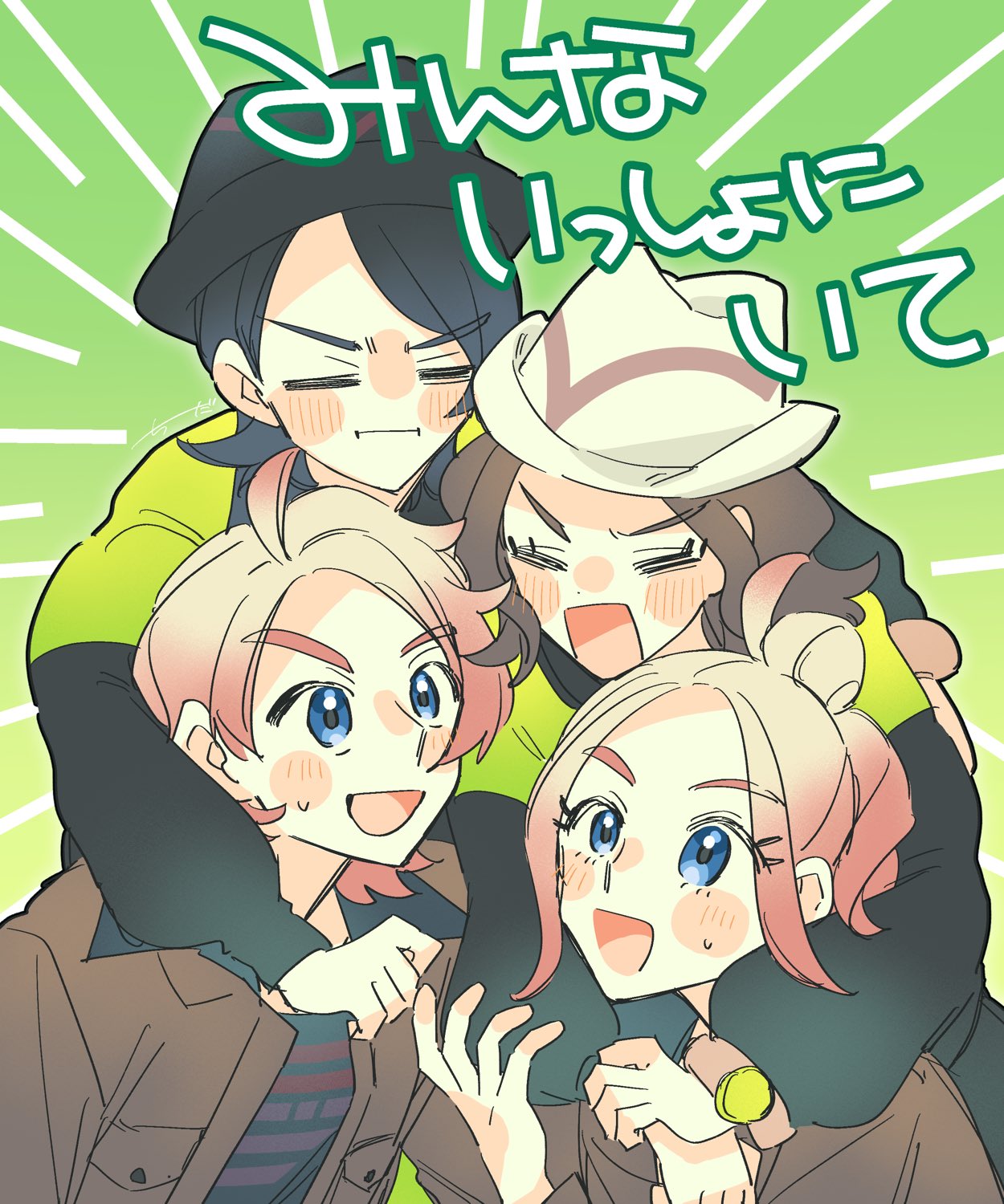 2boys, 2girls, :d, :i, black_hair, black_hat, blonde_hair, blue_eyes