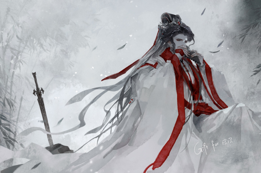 1boy, bamboo, bamboo_forest, black_hair, chinese_clothes, covered_mouth, falling_leaves, floating_clothes