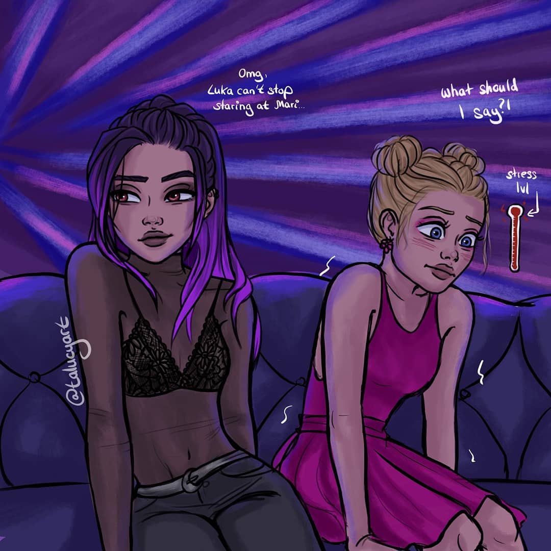 2girls, black_bra, blue_eyes, bra, breasts, brown_eyes, colored_tips, couch